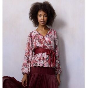 NWT LAUREN CONRAD Floral Sequin blouse faux wrap SZ 3 X